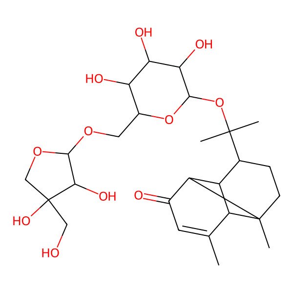 2D Structure of (1R,2R,6R,7R,8S)-8-[2-[(2S,3R,4S,5S,6R)-6-[[(2R,3R,4R)-3,4-dihydroxy-4-(hydroxymethyl)oxolan-2-yl]oxymethyl]-3,4,5-trihydroxyoxan-2-yl]oxypropan-2-yl]-1,5-dimethyltricyclo[4.4.0.02,7]dec-4-en-3-one