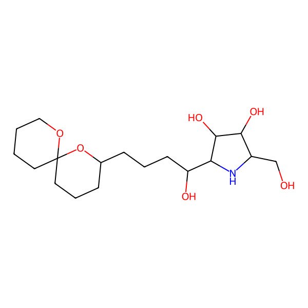 2D Structure of (2R,3R,4R,5R)-2-[(1R)-4-(1,7-dioxaspiro[5.5]undecan-2-yl)-1-hydroxybutyl]-5-(hydroxymethyl)pyrrolidine-3,4-diol
