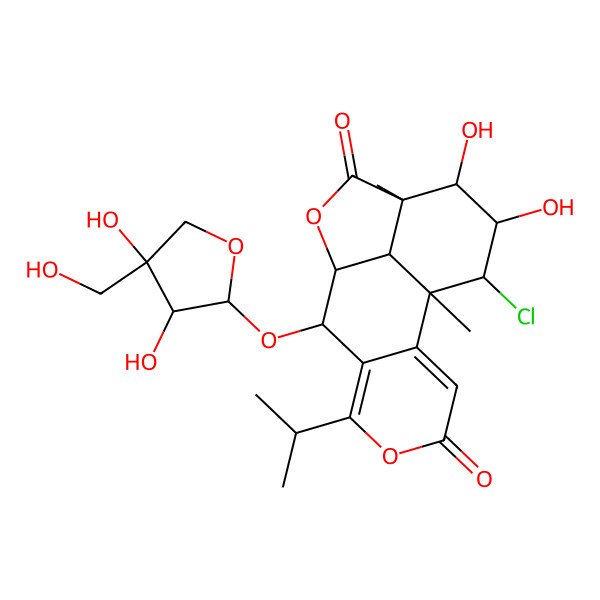 2D Structure of 15-Chloro-8-[3,4-dihydroxy-4-(hydroxymethyl)oxolan-2-yl]oxy-13,14-dihydroxy-1,12-dimethyl-6-propan-2-yl-5,10-dioxatetracyclo[7.6.1.02,7.012,16]hexadeca-2,6-diene-4,11-dione