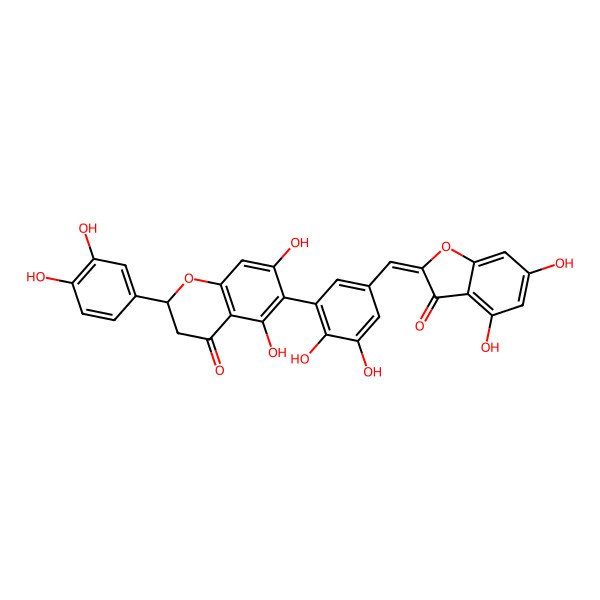 2D Structure of (2S)-6-[5-[(Z)-(4,6-dihydroxy-3-oxo-1-benzofuran-2-ylidene)methyl]-2,3-dihydroxyphenyl]-2-(3,4-dihydroxyphenyl)-5,7-dihydroxy-2,3-dihydrochromen-4-one
