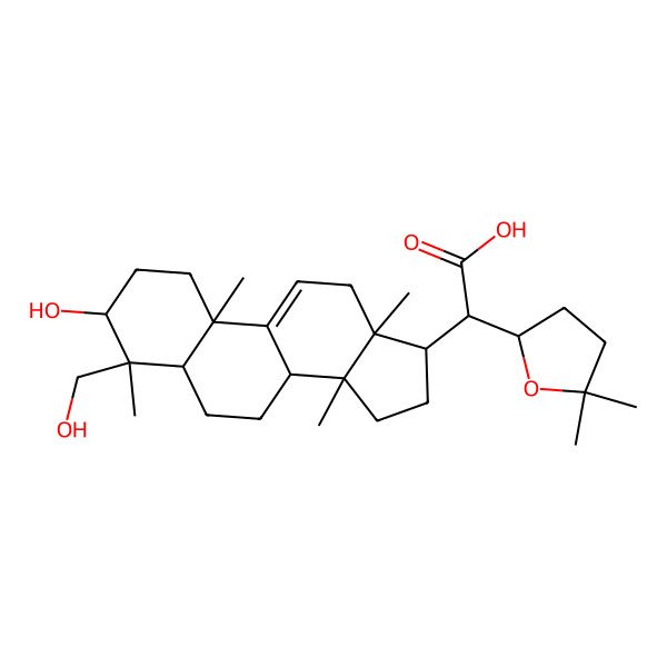 2D Structure of (2S)-2-[(2R)-5,5-dimethyloxolan-2-yl]-2-[(3S,4S,5R,8S,10S,13R,14S,17R)-3-hydroxy-4-(hydroxymethyl)-4,10,13,14-tetramethyl-2,3,5,6,7,8,12,15,16,17-decahydro-1H-cyclopenta[a]phenanthren-17-yl]acetic acid