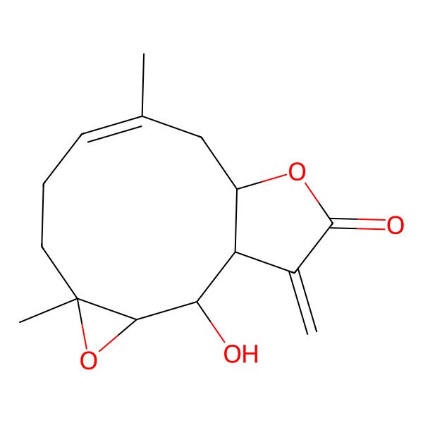 2D Structure of (1S,2S,3R,5R,8E,11S)-2-hydroxy-5,9-dimethyl-14-methylidene-4,12-dioxatricyclo[9.3.0.03,5]tetradec-8-en-13-one