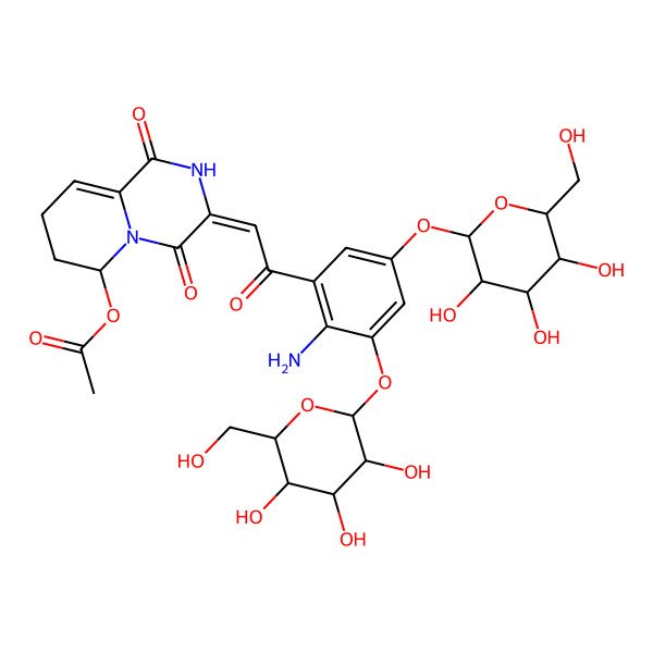 2D Structure of [3-[2-[2-amino-3,5-bis[[3,4,5-trihydroxy-6-(hydroxymethyl)oxan-2-yl]oxy]phenyl]-2-oxoethylidene]-1,4-dioxo-7,8-dihydro-6H-pyrido[1,2-a]pyrazin-6-yl] acetate