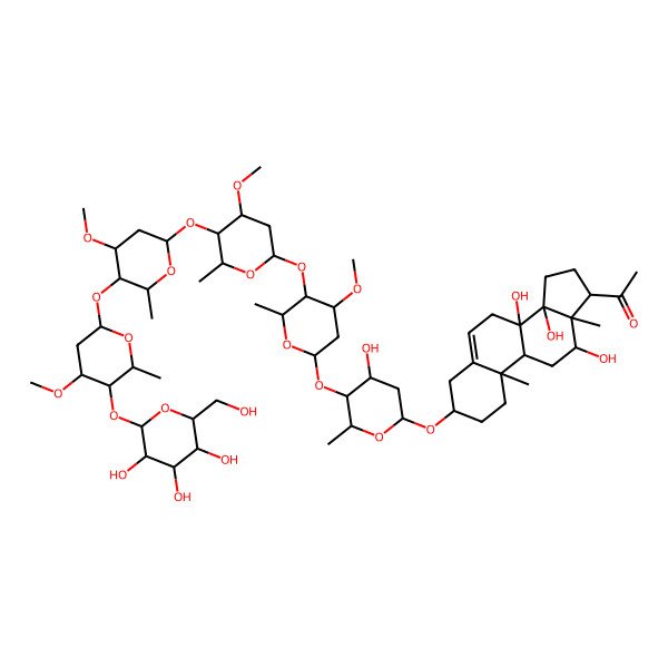 2D Structure of 1-[(3S,8S,9R,10R,12R,13S,14R,17S)-8,12,14-trihydroxy-3-[(2R,4R,5S,6R)-4-hydroxy-5-[(2S,4R,5R,6R)-4-methoxy-5-[(2S,4R,5R,6R)-4-methoxy-5-[(2S,4S,5R,6R)-4-methoxy-5-[(2S,4R,5R,6R)-4-methoxy-6-methyl-5-[(2S,3R,4S,5S,6R)-3,4,5-trihydroxy-6-(hydroxymethyl)oxan-2-yl]oxyoxan-2-yl]oxy-6-methyloxan-2-yl]oxy-6-methyloxan-2-yl]oxy-6-methyloxan-2-yl]oxy-6-methyloxan-2-yl]oxy-10,13-dimethyl-2,3,4,7,9,11,12,15,16,17-decahydro-1H-cyclopenta[a]phenanthren-17-yl]ethanone