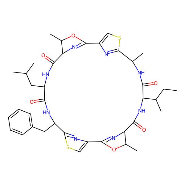 2D Structure of 25-Benzyl-8-butan-2-yl-4,11,18-trimethyl-22-(2-methylpropyl)-3,17-dioxa-13,27-dithia-7,10,21,24,29,30,31,32-octazapentacyclo[24.2.1.12,5.112,15.116,19]dotriaconta-1(28),2(32),12(31),14,16(30),26(29)-hexaene-6,9,20,23-tetrone