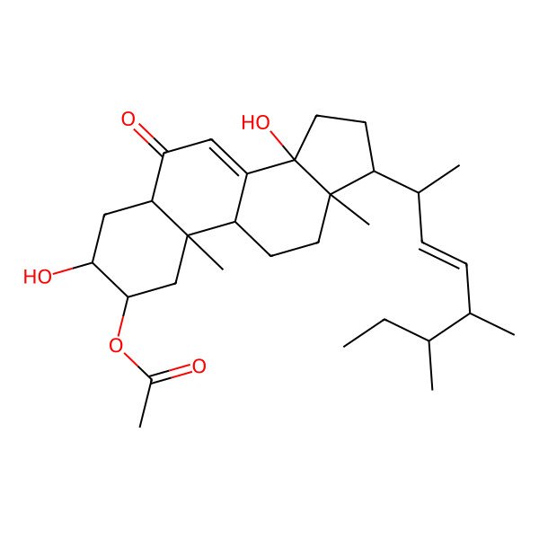 2D Structure of [(2R,3S,5R,9S,10S,13S,14R,17S)-17-[(E,2S,5S,6S)-5,6-dimethyloct-3-en-2-yl]-3,14-dihydroxy-10,13-dimethyl-6-oxo-2,3,4,5,9,11,12,15,16,17-decahydro-1H-cyclopenta[a]phenanthren-2-yl] acetate