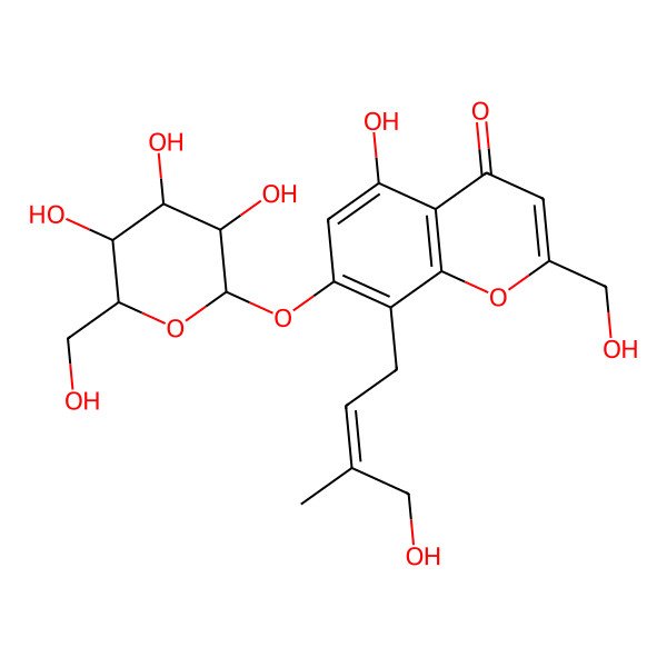 2D Structure of 5-Hydroxy-2-(hydroxymethyl)-8-(4-hydroxy-3-methylbut-2-enyl)-7-[3,4,5-trihydroxy-6-(hydroxymethyl)oxan-2-yl]oxychromen-4-one