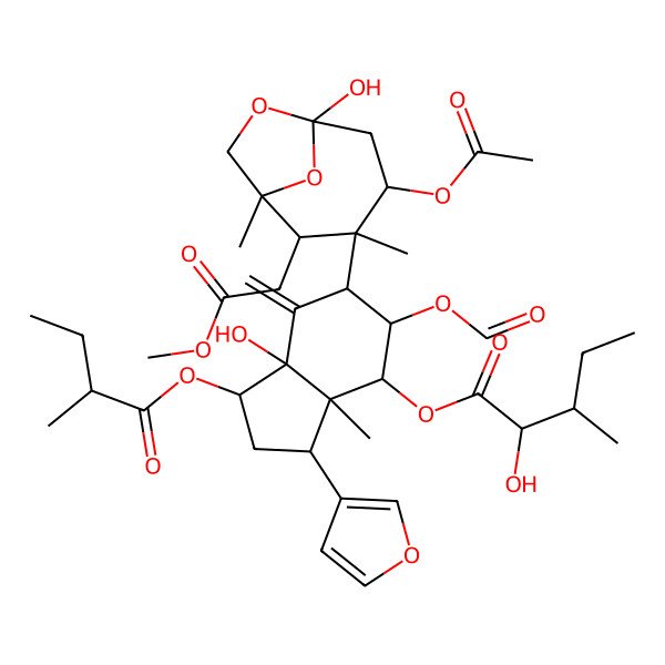 2D Structure of [(1R,3S,3aR,4R,5R,6R,7aS)-6-[(1S,2R,3R,4S,6S)-4-acetyloxy-6-hydroxy-2-(2-methoxy-2-oxoethyl)-1,3-dimethyl-7,9-dioxabicyclo[4.2.1]nonan-3-yl]-5-formyloxy-3-(furan-3-yl)-7a-hydroxy-3a-methyl-1-[(2S)-2-methylbutanoyl]oxy-7-methylidene-1,2,3,4,5,6-hexahydroinden-4-yl] (2R,3R)-2-hydroxy-3-methylpentanoate