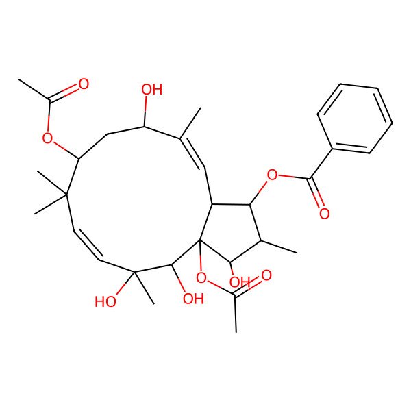 2D Structure of [(1S,2S,3S,3aS,4R,5S,6E,9S,11R,13aS)-3a,9-diacetyloxy-3,4,5,11-tetrahydroxy-2,5,8,8,12-pentamethyl-1,2,3,4,9,10,11,13a-octahydrocyclopenta[12]annulen-1-yl] benzoate