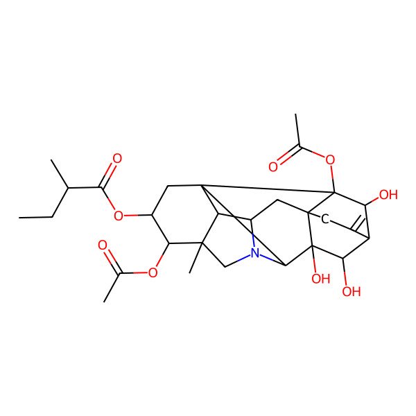 2D Structure of [(1R,3R,4S,5R,8S,9R,10R,11S,14S,16S,17R,18R,19R)-4,18-diacetyloxy-9,10,19-trihydroxy-5-methyl-12-methylidene-7-azaheptacyclo[9.6.2.01,8.05,17.07,16.09,14.014,18]nonadecan-3-yl] (2R)-2-methylbutanoate