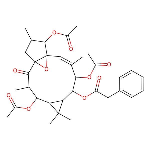 2D Structure of [(1R,3S,4S,5R,7S,8R,9R,10E,12S,13S,14S)-4,9,13-triacetyloxy-3,6,6,10,14-pentamethyl-2-oxo-16-oxatetracyclo[10.3.1.01,12.05,7]hexadec-10-en-8-yl] 2-phenylacetate