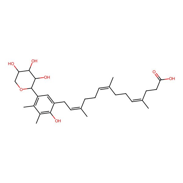 2D Structure of (4E,8E,12E)-14-[2-hydroxy-3,4-dimethyl-5-[(2S,3R,4S,5R)-3,4,5-trihydroxyoxan-2-yl]phenyl]-4,8,12-trimethyltetradeca-4,8,12-trienoic acid