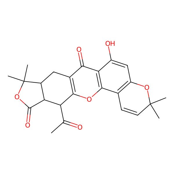 2D Structure of 10-Acetyl-21-hydroxy-6,6,17,17-tetramethyl-7,12,18-trioxapentacyclo[11.8.0.03,11.05,9.014,19]henicosa-1(13),3(11),14(19),15,20-pentaene-2,8-dione