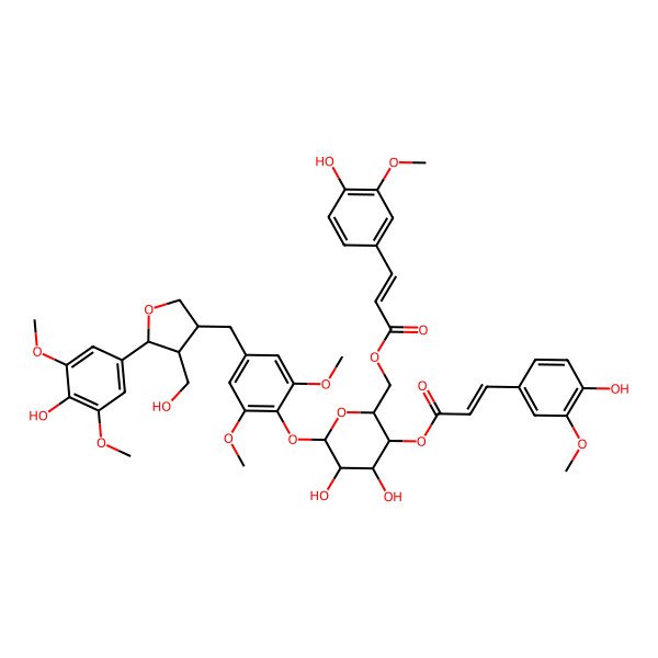 2D Structure of [4,5-Dihydroxy-6-[4-[[5-(4-hydroxy-3,5-dimethoxyphenyl)-4-(hydroxymethyl)oxolan-3-yl]methyl]-2,6-dimethoxyphenoxy]-3-[3-(4-hydroxy-3-methoxyphenyl)prop-2-enoyloxy]oxan-2-yl]methyl 3-(4-hydroxy-3-methoxyphenyl)prop-2-enoate