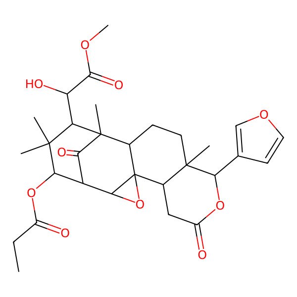 2D Structure of [(1R,2R,4S,5R,9R,10R,13R,14S,15S,17R)-9-(furan-3-yl)-15-[(1R)-1-hydroxy-2-methoxy-2-oxoethyl]-10,14,16,16-tetramethyl-7,18-dioxo-3,8-dioxapentacyclo[12.3.1.02,4.04,13.05,10]octadecan-17-yl] propanoate