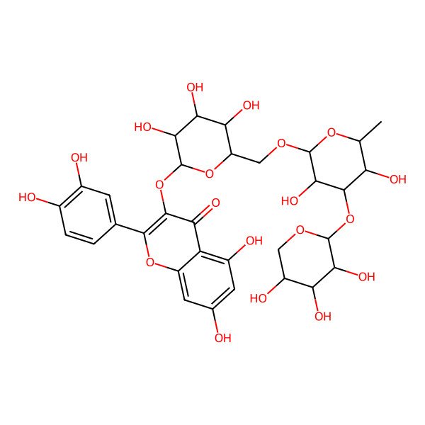 2D Structure of 3-[(2S,3R,4S,5R,6R)-6-[[(2R,3R,4R,5S,6S)-3,5-dihydroxy-6-methyl-4-[(2S,3R,4S,5R)-3,4,5-trihydroxyoxan-2-yl]oxyoxan-2-yl]oxymethyl]-3,4,5-trihydroxyoxan-2-yl]oxy-2-(3,4-dihydroxyphenyl)-5,7-dihydroxychromen-4-one