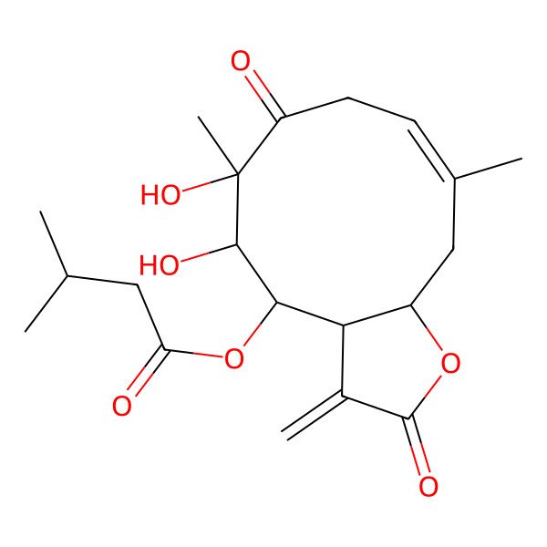 2D Structure of (5,6-Dihydroxy-6,10-dimethyl-3-methylidene-2,7-dioxo-3a,4,5,8,11,11a-hexahydrocyclodeca[b]furan-4-yl) 3-methylbutanoate