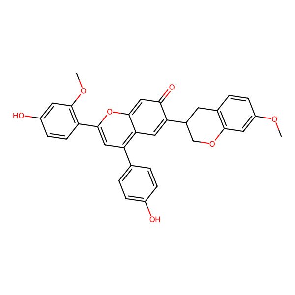 2D Structure of 2-(4-hydroxy-2-methoxyphenyl)-4-(4-hydroxyphenyl)-6-(7-methoxy-3,4-dihydro-2H-chromen-3-yl)chromen-7-one