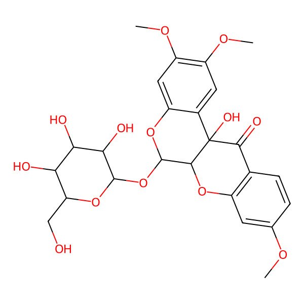 2D Structure of (6S,6aS,12aR)-12a-hydroxy-2,3,9-trimethoxy-6-[(2S,3R,4S,5S,6R)-3,4,5-trihydroxy-6-(hydroxymethyl)oxan-2-yl]oxy-6,6a-dihydrochromeno[3,4-b]chromen-12-one