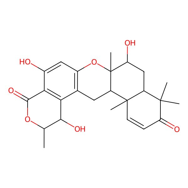 2D Structure of 5,10,15-Trihydroxy-6,14,18,18,22-pentamethyl-7,13-dioxapentacyclo[12.8.0.03,12.04,9.017,22]docosa-3(12),4(9),10,20-tetraene-8,19-dione