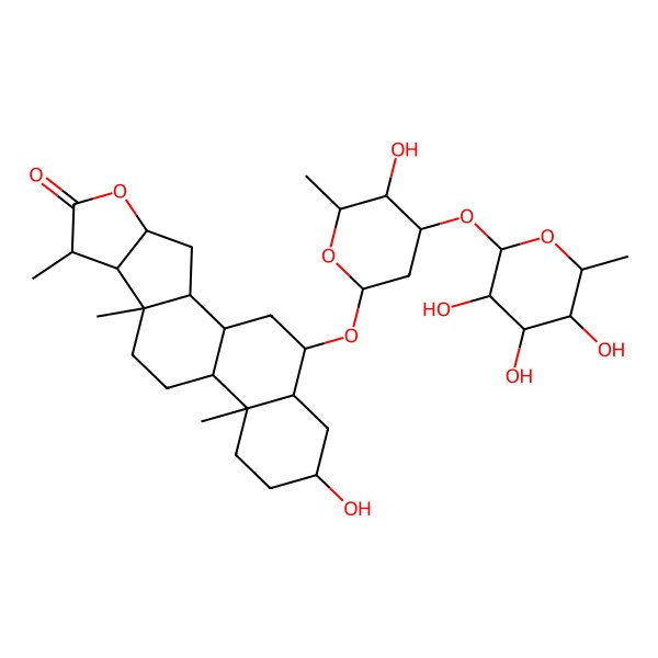 2D Structure of 16-Hydroxy-19-[5-hydroxy-6-methyl-4-(3,4,5-trihydroxy-6-methyloxan-2-yl)oxyoxan-2-yl]oxy-7,9,13-trimethyl-5-oxapentacyclo[10.8.0.02,9.04,8.013,18]icosan-6-one