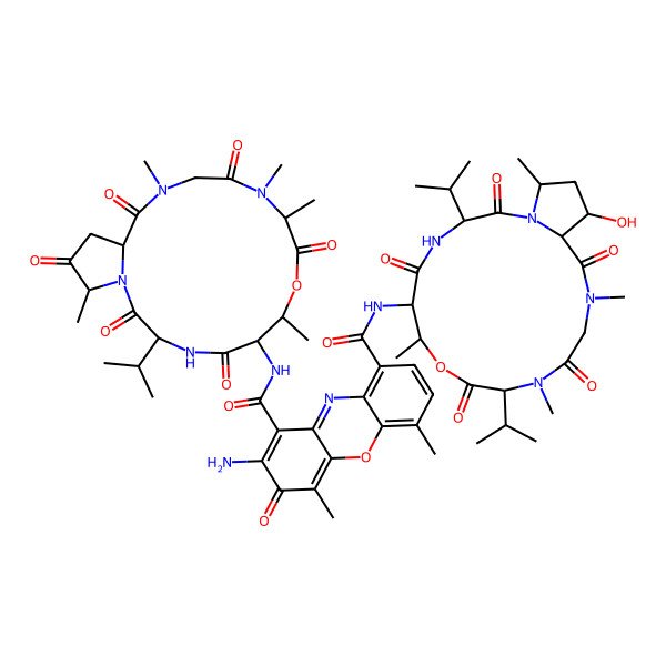 2D Structure of 2-amino-N9-(17-hydroxy-3,10-diisopropyl-7,11,14,19-tetramethyl-2,5,9,12,15-pentaoxo-8-oxa-1,4,11,14-tetrazabicyclo[14.3.0]nonadecan-6-yl)-N1-(3-isopropyl-7,10,11,14,19-pentamethyl-2,5,9,12,15,18-hexaoxo-8-oxa-1,4,11,14-tetrazabicyclo[14.3.0]nonadecan-6-yl)-4,6-dimethyl-3-oxo-phenoxazine-1,9-dicarboxamide