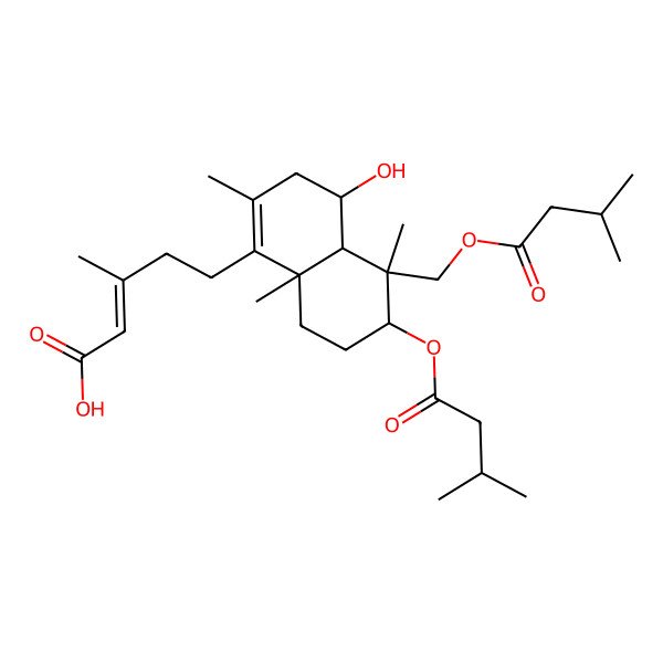 2D Structure of 5-[4-Hydroxy-2,5,8a-trimethyl-6-(3-methylbutanoyloxy)-5-(3-methylbutanoyloxymethyl)-3,4,4a,6,7,8-hexahydronaphthalen-1-yl]-3-methylpent-2-enoic acid