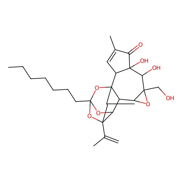 2D Structure of (2R,6S,7S,8R,10S,11S,12R,16R,18R)-14-heptyl-6,7-dihydroxy-8-(hydroxymethyl)-4,18-dimethyl-16-prop-1-en-2-yl-9,13,15,19-tetraoxahexacyclo[12.4.1.01,11.02,6.08,10.012,16]nonadec-3-en-5-one