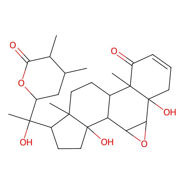 2D Structure of Ergost-2-en-26-oic acid, 6,7-epoxy-5,14,20,22-tetrahydroxy-1-oxo-, delta-lactone, (5alpha,6alpha,7alpha,22R,25R)-