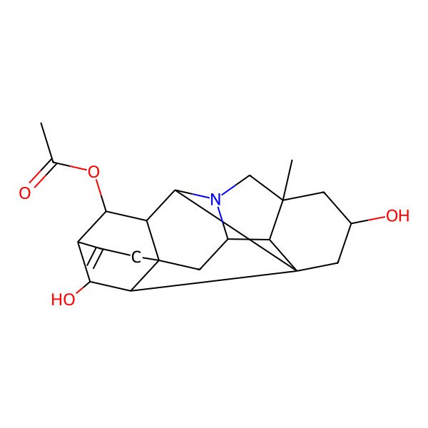 2D Structure of (3,19-Dihydroxy-5-methyl-12-methylidene-7-azaheptacyclo[9.6.2.01,8.05,17.07,16.09,14.014,18]nonadecan-10-yl) acetate