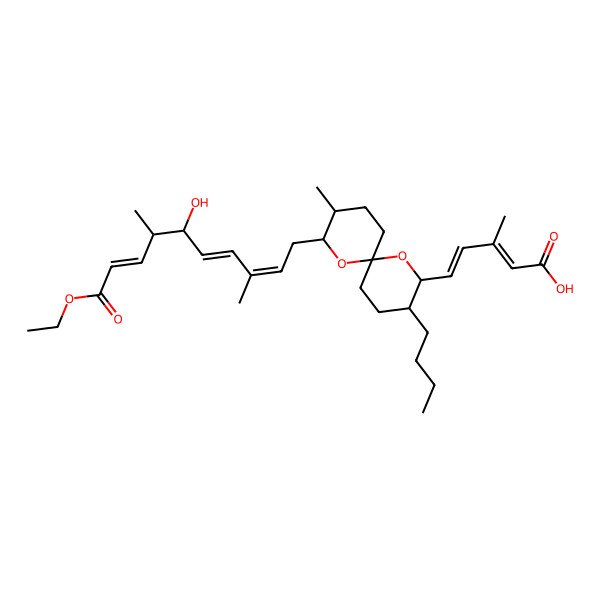 2D Structure of (2E,4E)-5-[(2R,3S,6S,8R,9S)-3-butyl-8-[(2E,4E,6S,7S,8E)-10-ethoxy-6-hydroxy-3,7-dimethyl-10-oxodeca-2,4,8-trienyl]-9-methyl-1,7-dioxaspiro[5.5]undecan-2-yl]-3-methylpenta-2,4-dienoic acid