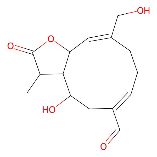 2D Structure of 4-hydroxy-10-(hydroxymethyl)-3-methyl-2-oxo-3a,4,5,8,9,11a-hexahydro-3H-cyclodeca[b]furan-6-carbaldehyde