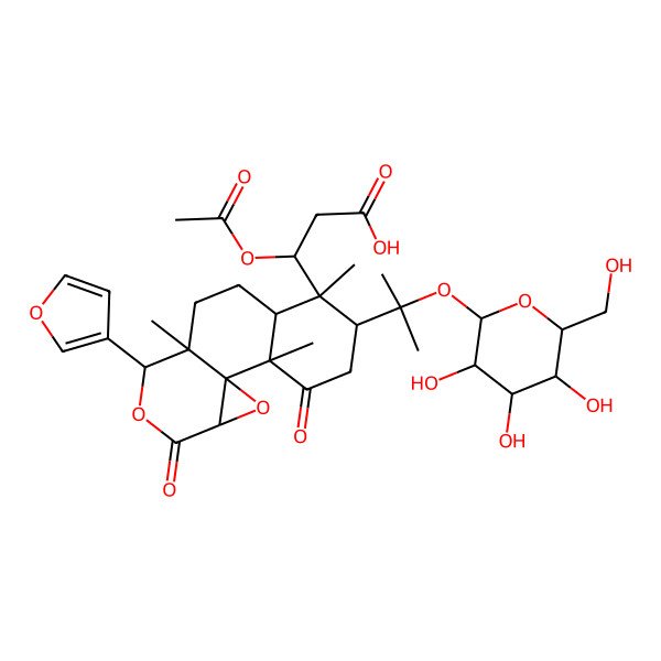 2D Structure of (3R)-3-acetyloxy-3-[(1S,2R,5R,6R,7S,10S,11S,14R)-11-(furan-3-yl)-2,6,10-trimethyl-3,13-dioxo-5-[2-[(2S,3R,4S,5S,6R)-3,4,5-trihydroxy-6-(hydroxymethyl)oxan-2-yl]oxypropan-2-yl]-12,15-dioxatetracyclo[8.5.0.01,14.02,7]pentadecan-6-yl]propanoic acid