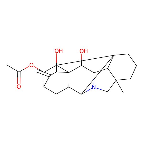 2D Structure of [(1S,5S,8R,9S,11R,13R,14S,15S,16R,17R,18S,19R)-13,15-dihydroxy-5-methyl-12-methylidene-7-azaheptacyclo[9.6.2.01,8.05,17.07,16.09,14.014,18]nonadecan-19-yl] acetate