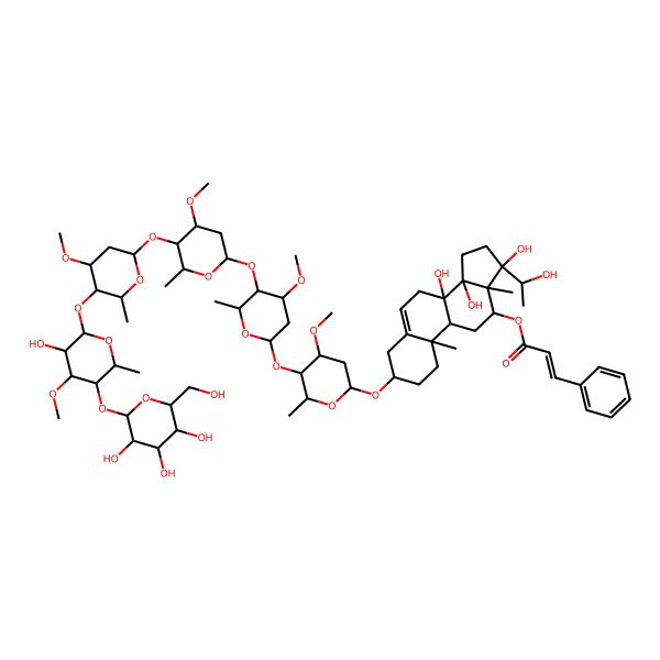 2D Structure of [8,14,17-Trihydroxy-17-(1-hydroxyethyl)-3-[5-[5-[5-[5-[3-hydroxy-4-methoxy-6-methyl-5-[3,4,5-trihydroxy-6-(hydroxymethyl)oxan-2-yl]oxyoxan-2-yl]oxy-4-methoxy-6-methyloxan-2-yl]oxy-4-methoxy-6-methyloxan-2-yl]oxy-4-methoxy-6-methyloxan-2-yl]oxy-4-methoxy-6-methyloxan-2-yl]oxy-10,13-dimethyl-1,2,3,4,7,9,11,12,15,16-decahydrocyclopenta[a]phenanthren-12-yl] 3-phenylprop-2-enoate