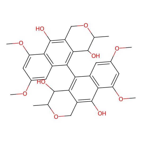 2D Structure of (3S,4S)-5-((3S,4S)-4,10-dihydroxy-7,9-dimethoxy-3-methyl-3,4-dihydro-1H-benzo(g)isochromen-5-yl)-7,9-dimethoxy-3-methyl-3,4-dihydro-1H-benzo(g)isochromene-4,10-diol