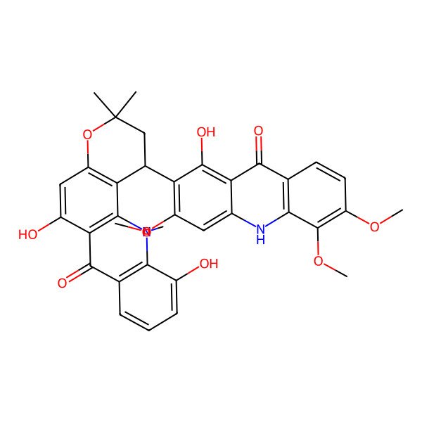 2D Structure of 6,11-dihydroxy-1-(1-hydroxy-3,5,6-trimethoxy-9-oxo-10H-acridin-2-yl)-3,3,12-trimethyl-1,2-dihydropyrano[2,3-c]acridin-7-one