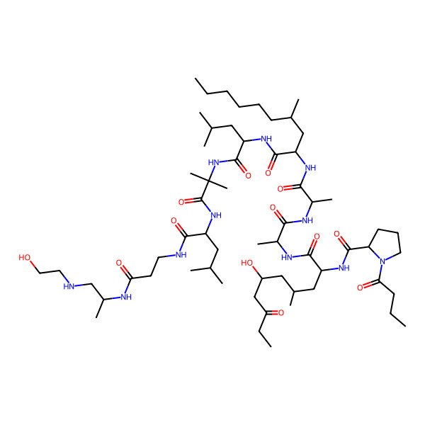 2D Structure of 1-butanoyl-N-[6-hydroxy-1-[[1-[[1-[[1-[[1-[[1-[[1-[[3-[1-(2-hydroxyethylamino)propan-2-ylamino]-3-oxopropyl]amino]-4-methyl-1-oxopentan-2-yl]amino]-2-methyl-1-oxopropan-2-yl]amino]-4-methyl-1-oxopentan-2-yl]amino]-4-methyl-1-oxodecan-2-yl]amino]-1-oxopropan-2-yl]amino]-1-oxopropan-2-yl]amino]-4-methyl-1,8-dioxodecan-2-yl]pyrrolidine-2-carboxamide