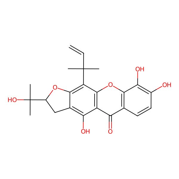 2D Structure of (2R)-4,8,9-trihydroxy-2-(2-hydroxypropan-2-yl)-11-(2-methylbut-3-en-2-yl)-2,3-dihydrofuro[3,2-b]xanthen-5-one