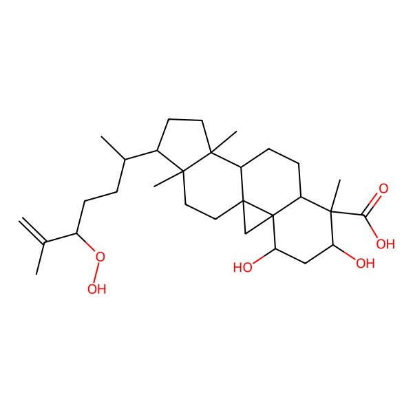 2D Structure of (1S,3S,4S,6S,7S,8R,11S,12S,15R,16R)-15-[(2R)-5-hydroperoxy-6-methylhept-6-en-2-yl]-4,6-dihydroxy-7,12,16-trimethylpentacyclo[9.7.0.01,3.03,8.012,16]octadecane-7-carboxylic acid