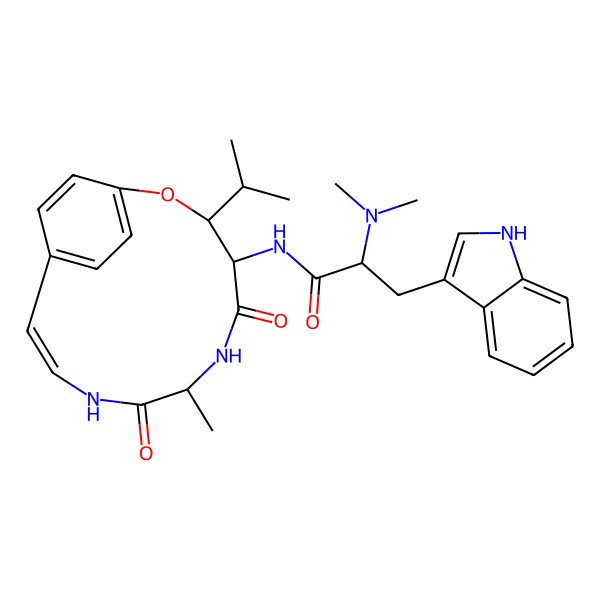 2D Structure of 2-(dimethylamino)-3-(1H-indol-3-yl)-N-[(3S,4S,7S,10Z)-7-methyl-5,8-dioxo-3-propan-2-yl-2-oxa-6,9-diazabicyclo[10.2.2]hexadeca-1(14),10,12,15-tetraen-4-yl]propanamide