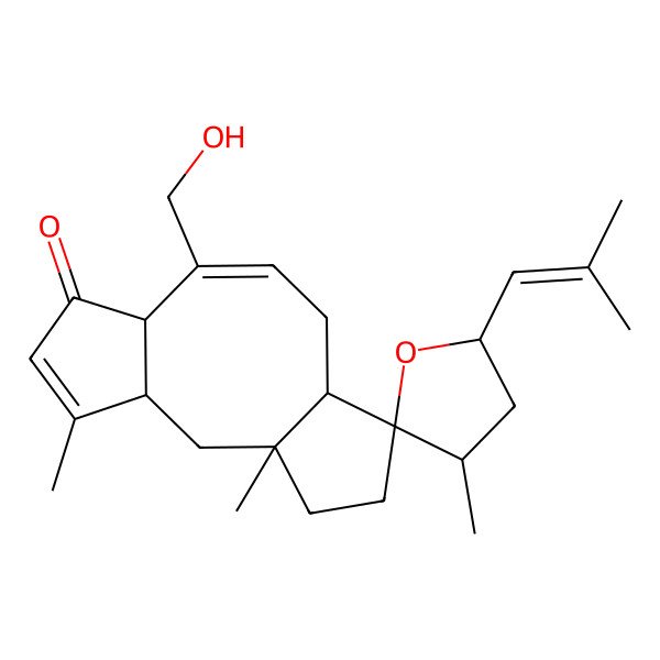 2D Structure of (1'R,2S,3S,3'S,5R,7'R,11'R)-8'-(hydroxymethyl)-1',3,4'-trimethyl-5-(2-methylprop-1-enyl)spiro[oxolane-2,12'-tricyclo[9.3.0.03,7]tetradeca-4,8-diene]-6'-one