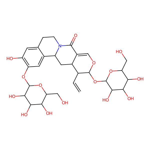 2D Structure of 16-Ethenyl-5-hydroxy-4,15-bis[[3,4,5-trihydroxy-6-(hydroxymethyl)oxan-2-yl]oxy]-14-oxa-10-azatetracyclo[8.8.0.02,7.012,17]octadeca-2,4,6,12-tetraen-11-one