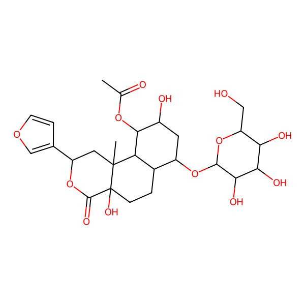 2D Structure of [2-(Furan-3-yl)-4a,9-dihydroxy-10b-methyl-4-oxo-7-[3,4,5-trihydroxy-6-(hydroxymethyl)oxan-2-yl]oxy-1,2,5,6,6a,7,8,9,10,10a-decahydrobenzo[f]isochromen-10-yl] acetate