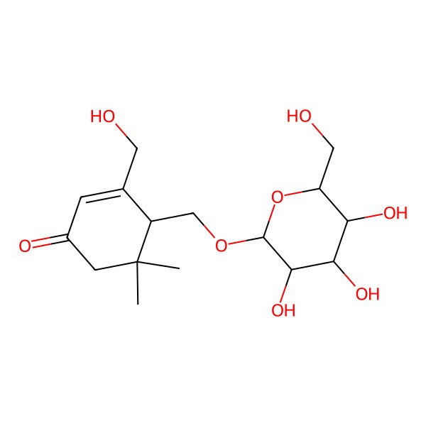 2D Structure of 3-(Hydroxymethyl)-5,5-dimethyl-4-[[3,4,5-trihydroxy-6-(hydroxymethyl)oxan-2-yl]oxymethyl]cyclohex-2-en-1-one