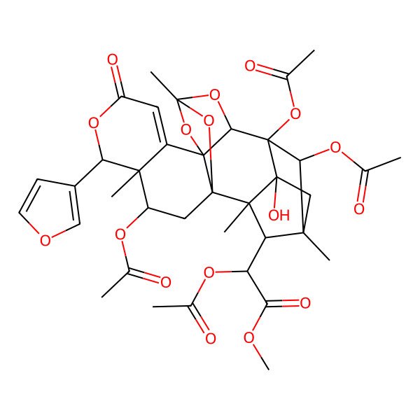 2D Structure of methyl (2S)-2-acetyloxy-2-[(1R,3R,4R,5R,10S,12R,14R,15R,16S,18S,19R,20S,22R)-3,15,22-triacetyloxy-5-(furan-3-yl)-16-hydroxy-4,12,18,20-tetramethyl-7-oxo-6,11,13,21-tetraoxaheptacyclo[10.8.1.115,18.01,10.04,9.010,14.016,20]docos-8-en-19-yl]acetate