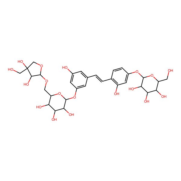 2D Structure of (2S,3R,4S,5S,6R)-2-[4-[(E)-2-[3-[(2S,3R,4S,5S,6R)-6-[[(2R,3R,4R)-3,4-dihydroxy-4-(hydroxymethyl)oxolan-2-yl]oxymethyl]-3,4,5-trihydroxyoxan-2-yl]oxy-5-hydroxyphenyl]ethenyl]-3-hydroxyphenoxy]-6-(hydroxymethyl)oxane-3,4,5-triol