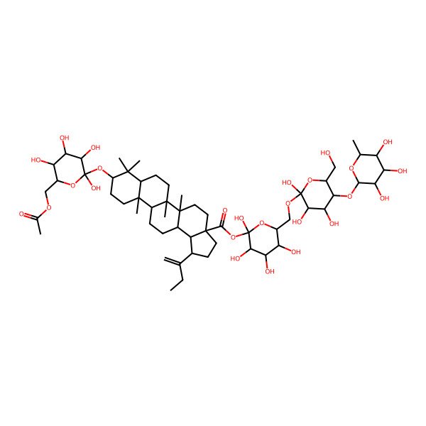 2D Structure of [(2R,3S,5S)-2,3,4,5-tetrahydroxy-6-[[(2S,3S,5S)-2,3,4-trihydroxy-6-(hydroxymethyl)-5-[(3S,4S,5S,6R)-3,4,5-trihydroxy-6-methyloxan-2-yl]oxyoxan-2-yl]oxymethyl]oxan-2-yl] (1R,3aS,5aR,5bR,7aR,9R,11aR,11bR,13aR,13bR)-9-[(2S,3S,5S)-6-(acetyloxymethyl)-2,3,4,5-tetrahydroxyoxan-2-yl]oxy-1-but-1-en-2-yl-5a,5b,8,8,11a-pentamethyl-1,2,3,4,5,6,7,7a,9,10,11,11b,12,13,13a,13b-hexadecahydrocyclopenta[a]chrysene-3a-carboxylate