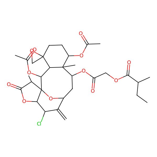 2D Structure of [2-[(1R,2S,3S,4R,7S,8R,9S,11S,13S,14R,17R)-2,7-diacetyloxy-13-chloro-8,17-dimethyl-12-methylidene-16-oxospiro[15,18-dioxatetracyclo[9.6.1.01,14.03,8]octadecane-4,2'-oxirane]-9-yl]oxy-2-oxoethyl] (2S)-2-methylbutanoate