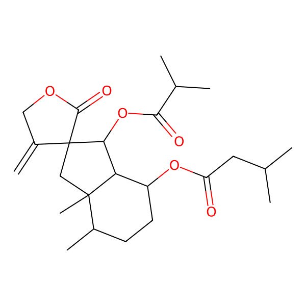 2D Structure of [7,7a-dimethyl-4'-methylidene-3-(2-methylpropanoyloxy)-2'-oxospiro[3,3a,4,5,6,7-hexahydro-1H-indene-2,3'-oxolane]-4-yl] 3-methylbutanoate